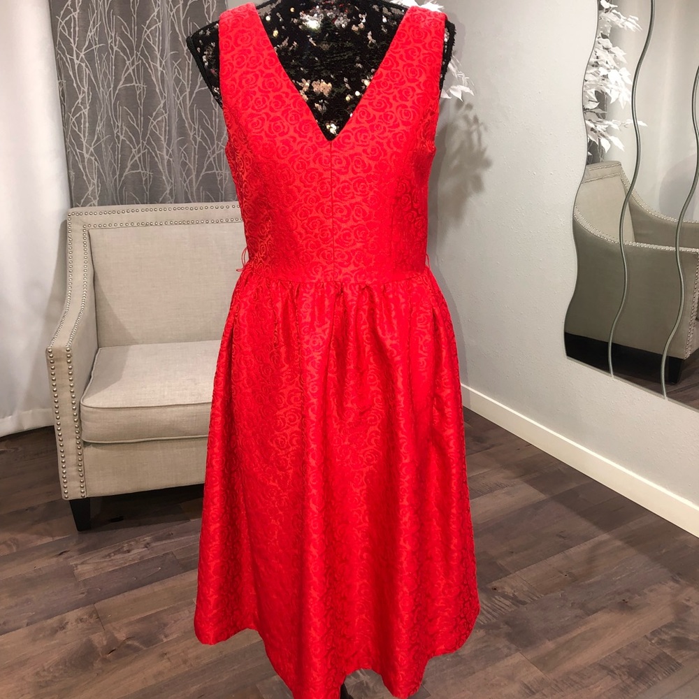 J. Peterman Red V-Neck Jacquard Fit-and-Flare Dress